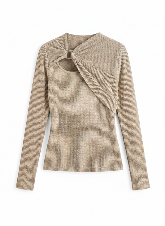 Twist-Front Cutout Ribbed Knit Top